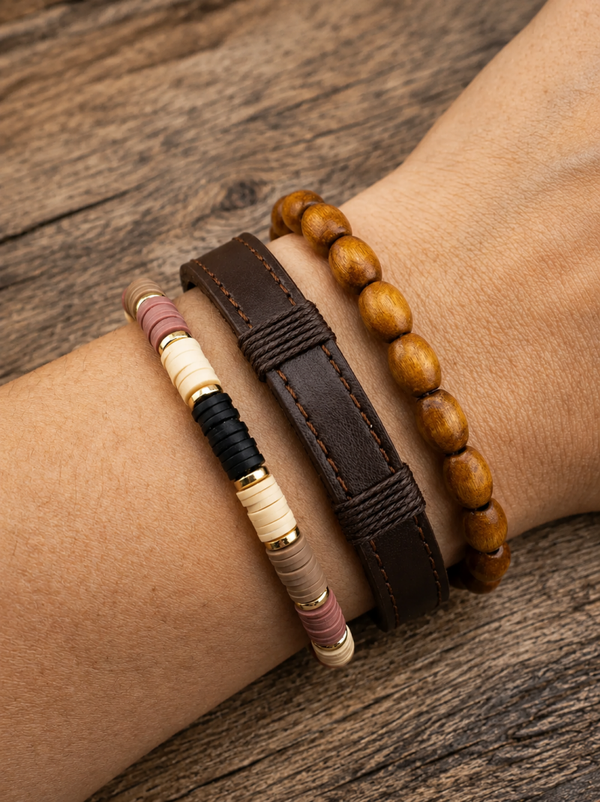 Unisex armbandenset bruin beige – hout leer en subtiel accent