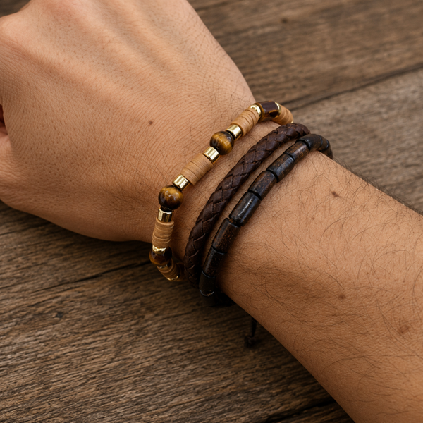 Unisex armbandenset donkerbruin – robuuste mix van hout en leer