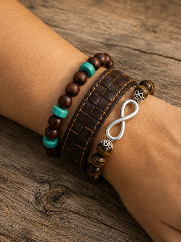 Unisex armbandenset donkerbruin turquoise – kralen en leer
