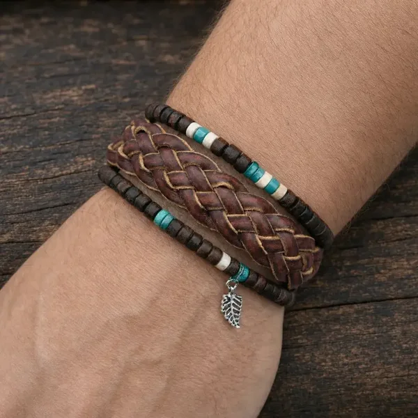 Unisex armbandenset donkerbruin turquoise – hout kralen en leer
