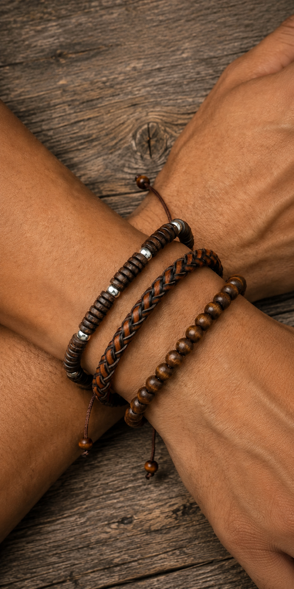 Unisex armbandenset warm bruin – hout kralen en gevlochten leer