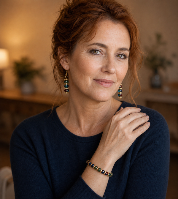 Multicolor kralenset met goudkleurige accenten – handgemaakte armband en oorbellen