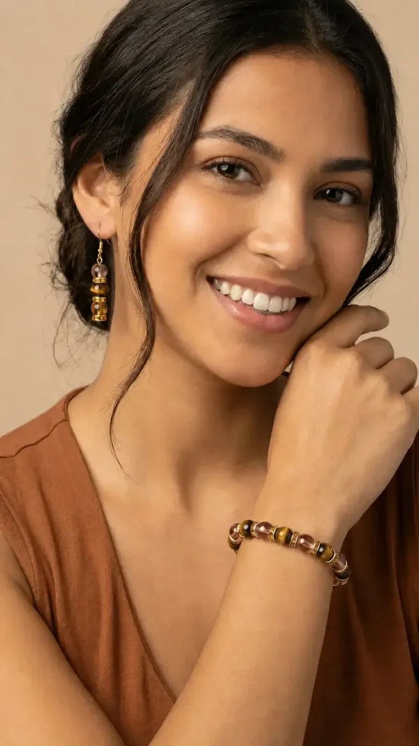 Bruin gouden kralenset – handgemaakte armband en oorbellen