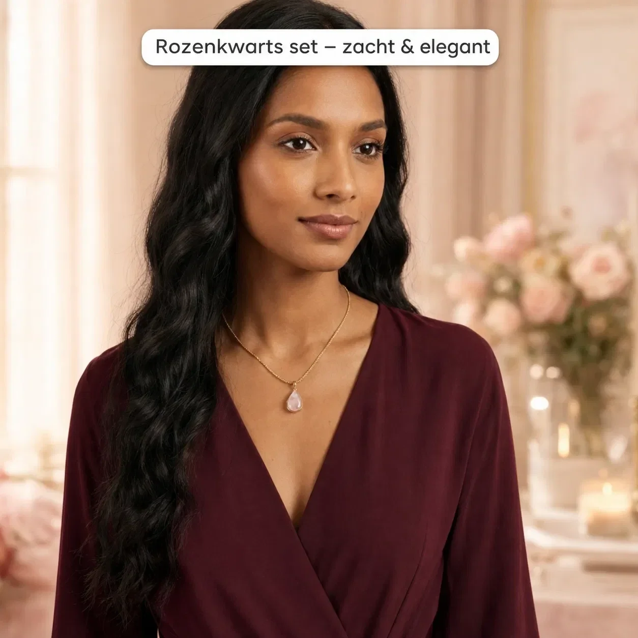 Rozenkwarts sieradenset – roze hanger met ketting