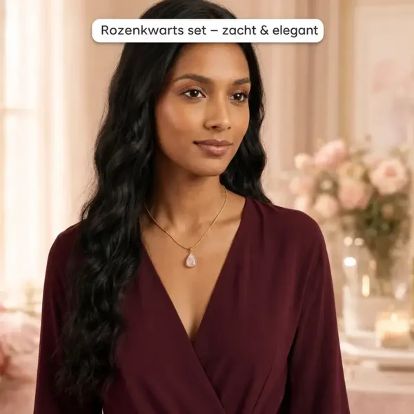 Rozenkwarts sieradenset – roze hanger met ketting