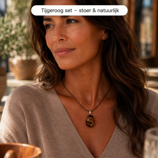 Tijgeroog sieradenset – hanger met veterketting