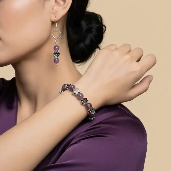 Paars zilveren kralenset met hartjes en 3D bloemen – handgemaakte armband en oorbellen