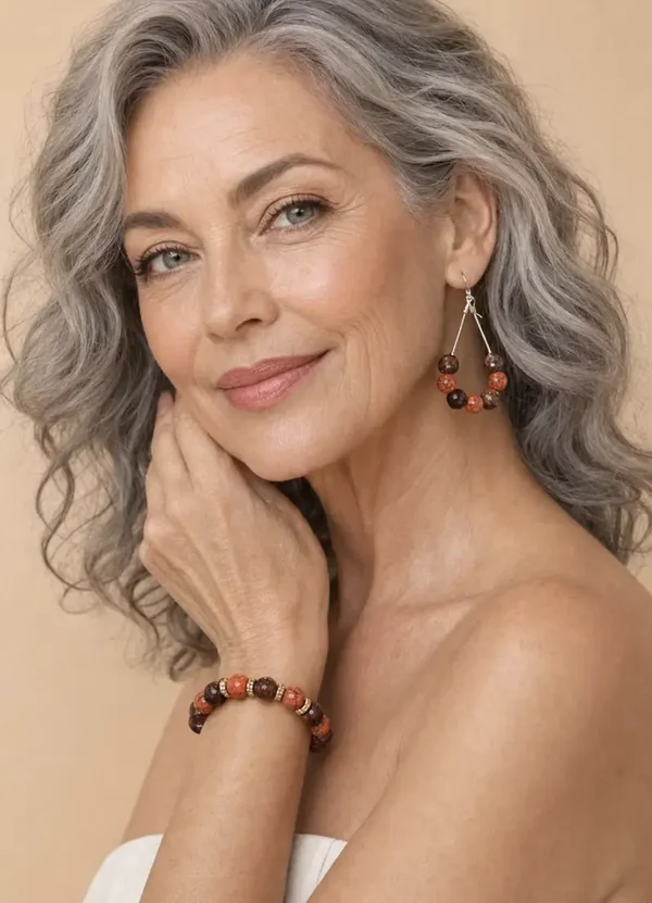 Oranje bruine kralenset – handgemaakte armband en oorbellen