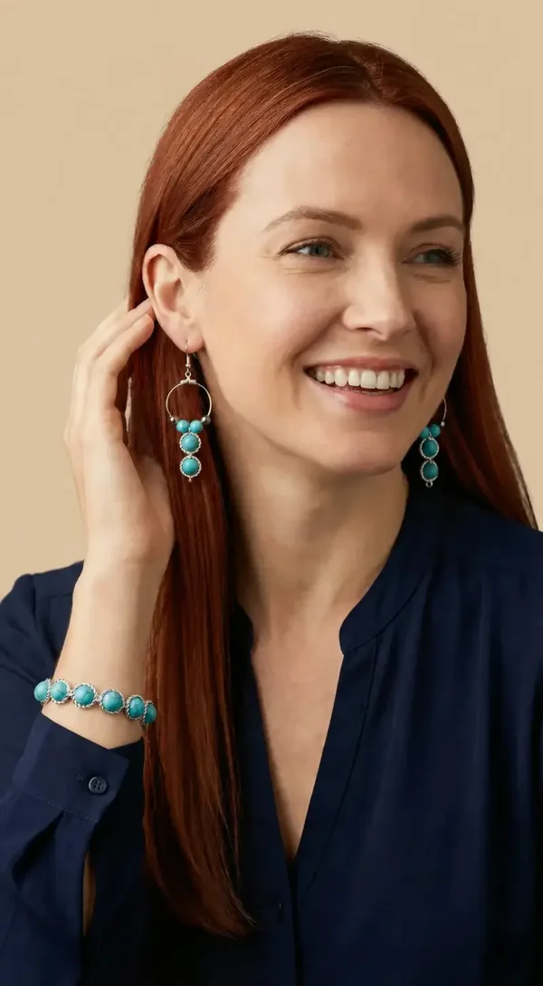 Turquoise zilveren kralenset – handgemaakte armband en oorbellen