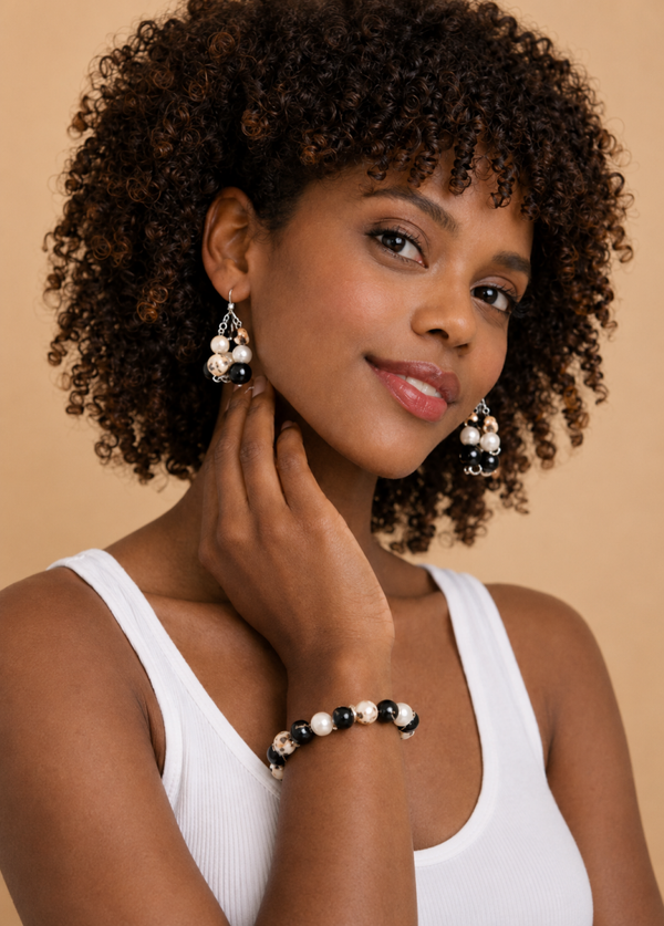 Zwart beige kralenset – handgemaakte armband en oorbellen