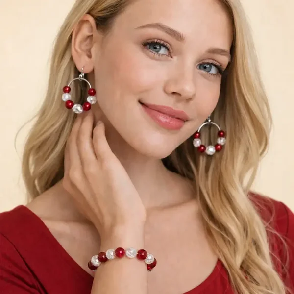 Rode kralenset met glasdetails – handgemaakte armband en oorbellen