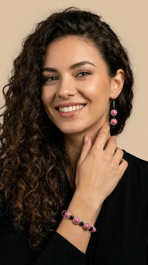 Roze zwarte kralenset in moderne stijl – handgemaakte armband en oorbellen