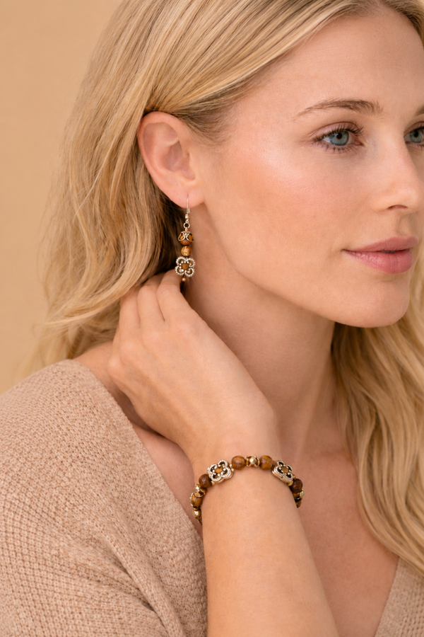 Houten zilveren kralenset – handgemaakte armband en oorbellen