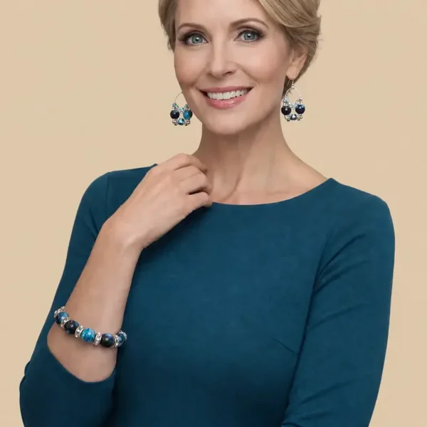 Blauw zwarte kralenset – handgemaakte armband en oorbellen