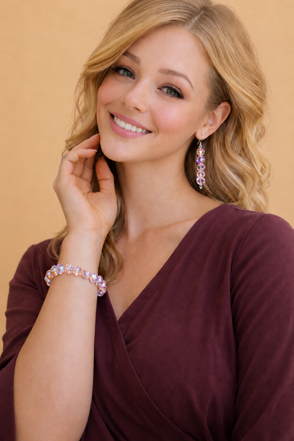Roze crystal kralenset – handgemaakte armband en oorbellen
