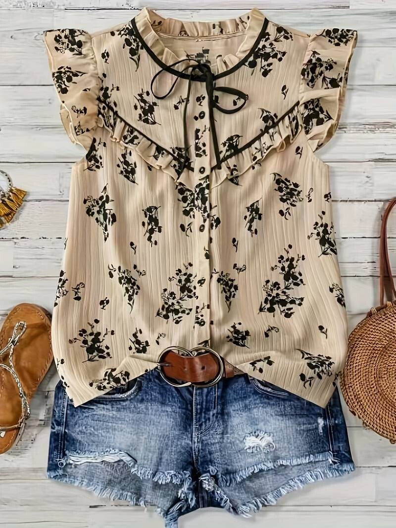 Zomer Bloemenprint Blouse - blauw/beige