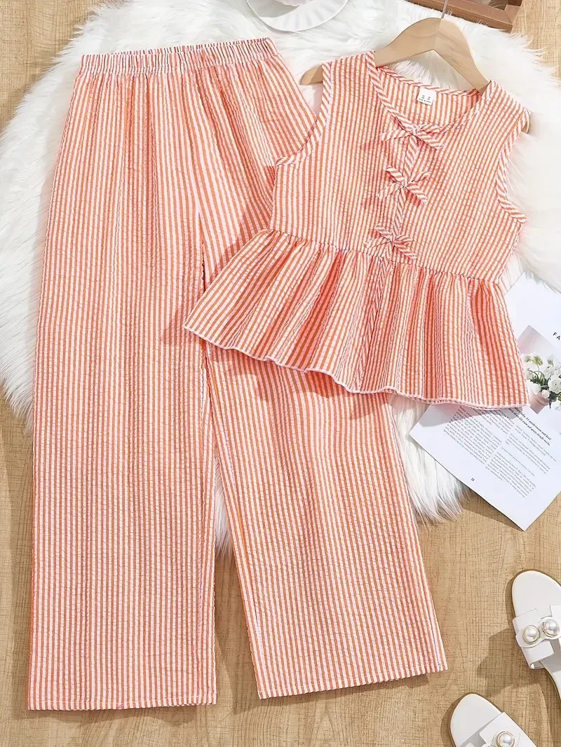 2-delige set gestreepte ruffle - oranje