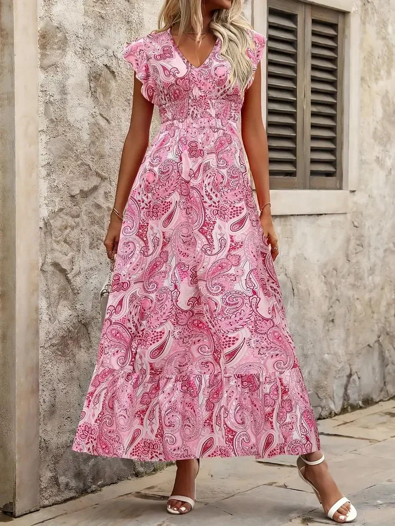 Bloemenprint V-hals Maxi jurk - rood