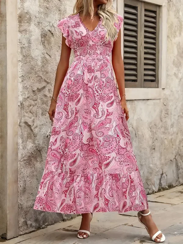 Bloemenprint V-hals Maxi jurk - rood