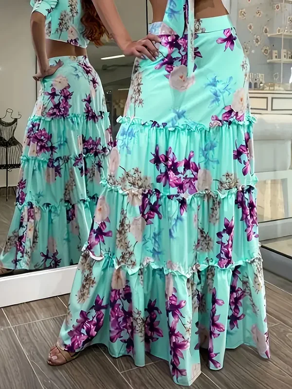 Rok met Bloemenprint en Geplooide Zoom - turkoois