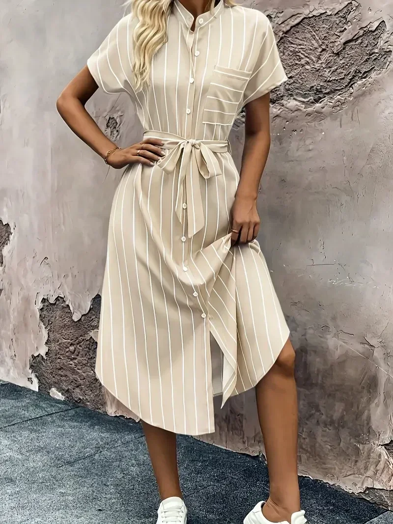 Chique Gestreepte Bandage Overhemdjurk - abrikoos