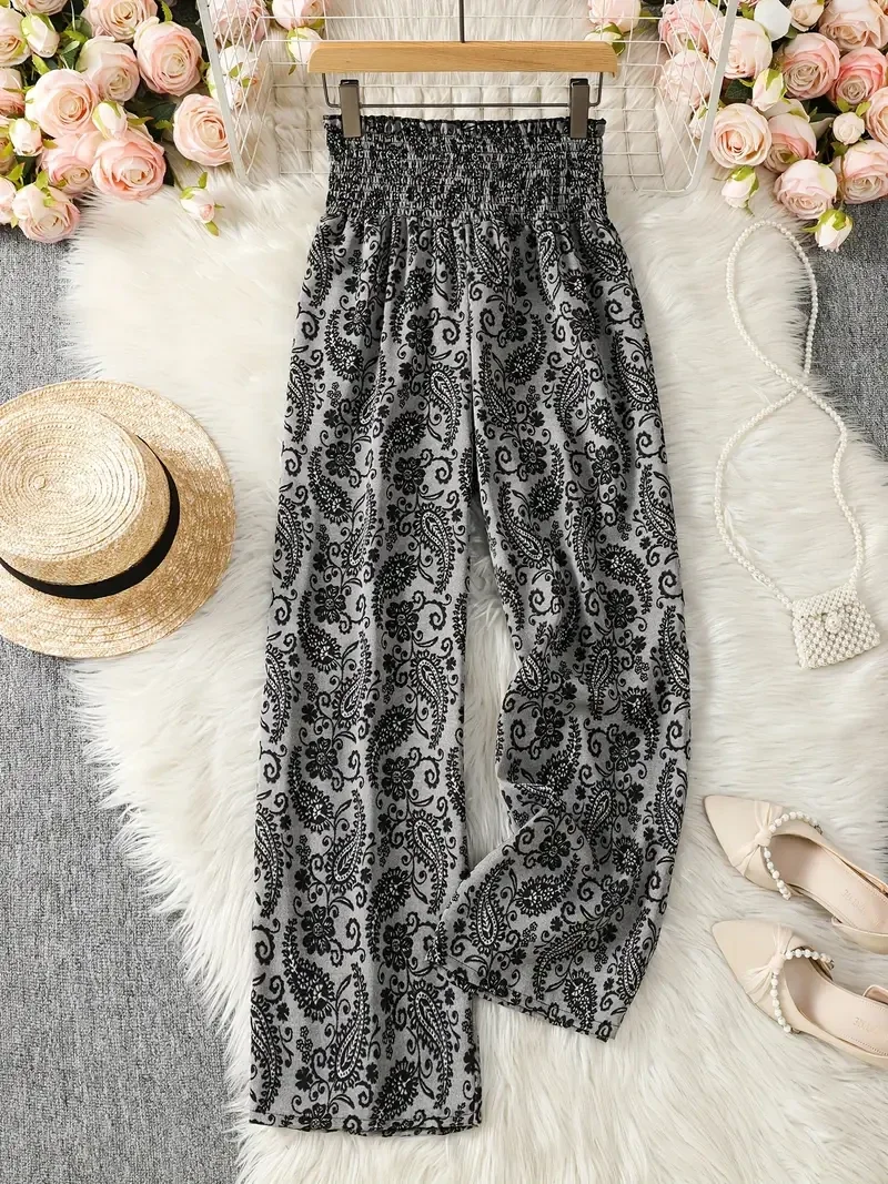 Bloemenprint Wijde Broek - grijs