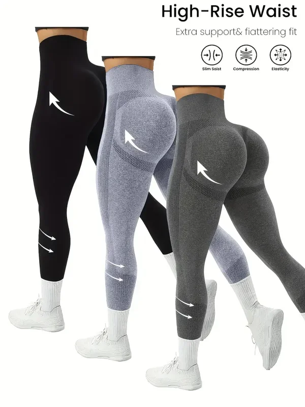3-delig Hoge Taille Naadloze Yoga Leggings - zwart/blauw/grijs