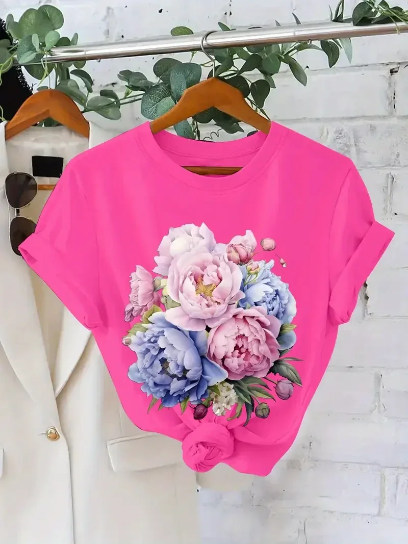 T-shirt bloemen - fuchsia