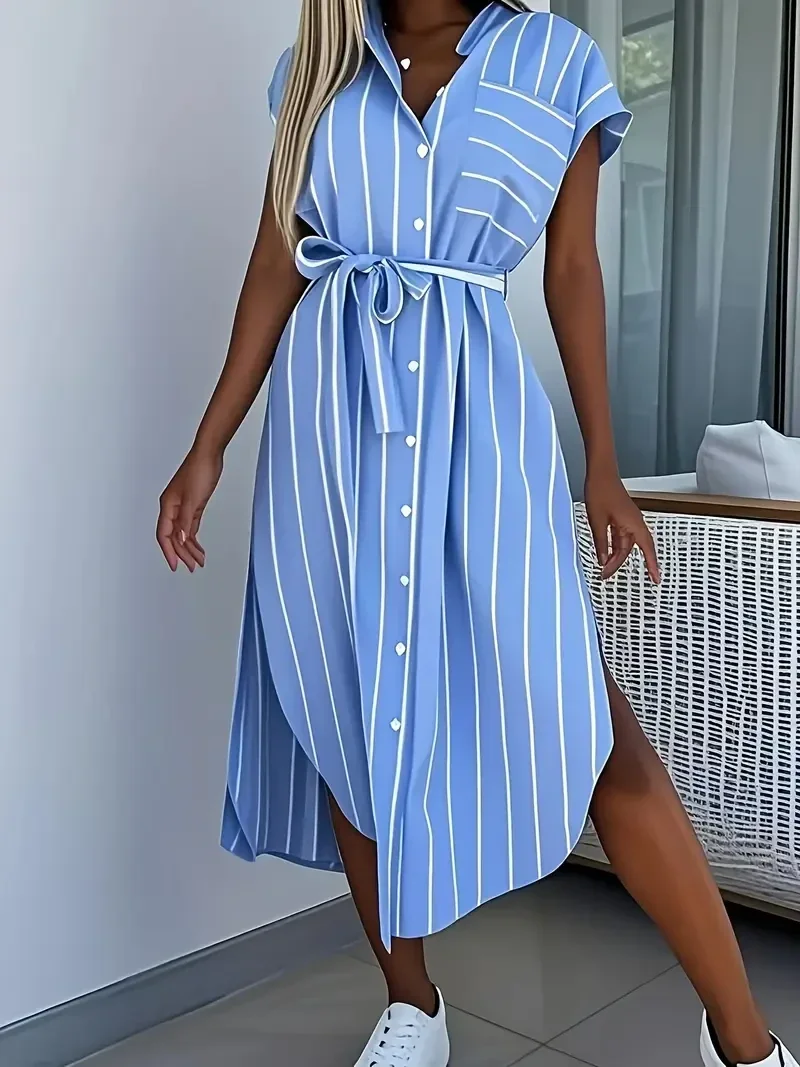 Chique Gestreepte Bandage Overhemdjurk - blauw