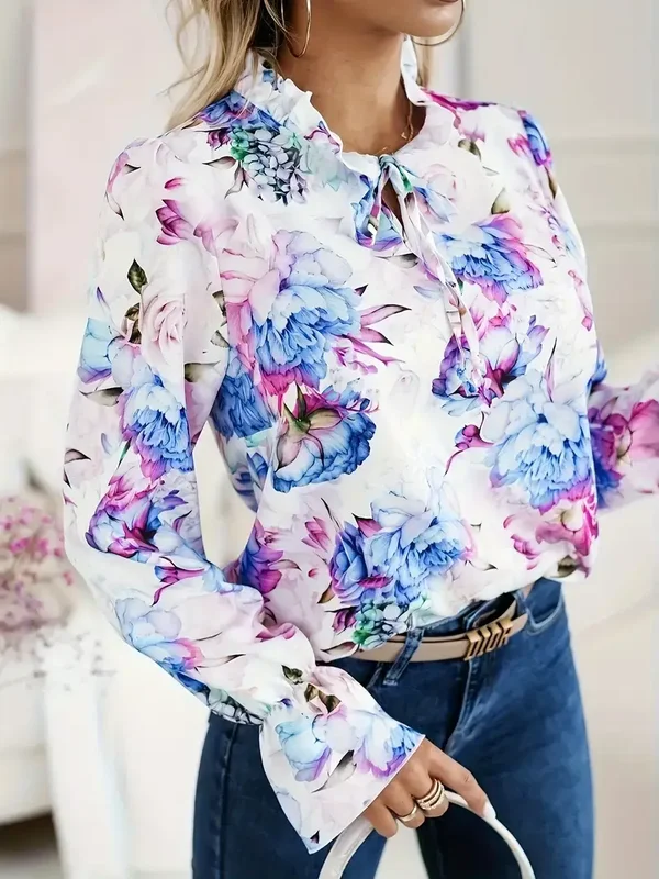 Blouse met bloemenprint - blauw/paars