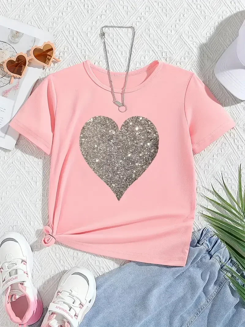 T-shirt met zilver hart - roze