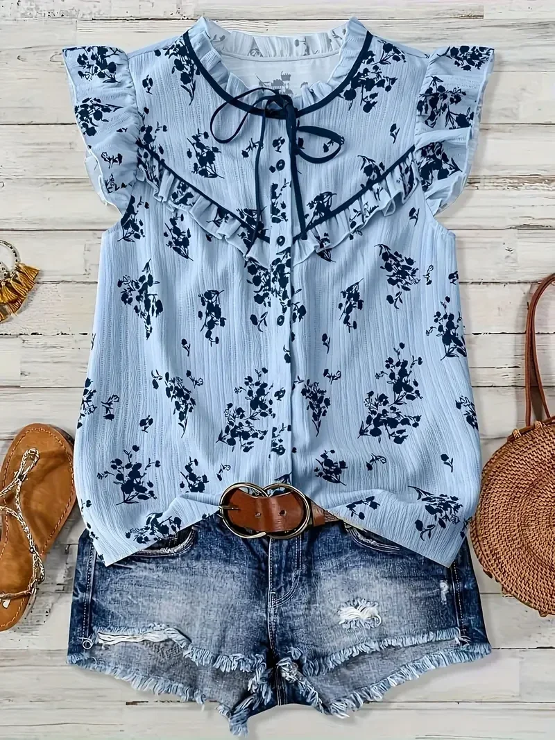 Elegante Bloemenprint korte mauw - lichtblauw