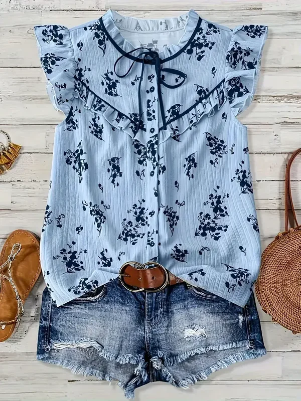 Elegante Bloemenprint korte mauw - lichtblauw