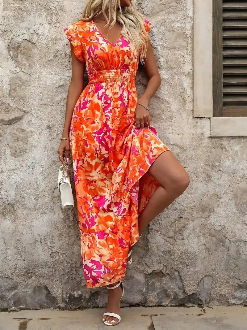 Bloemenprint V-hals Maxi Jurk - oranje