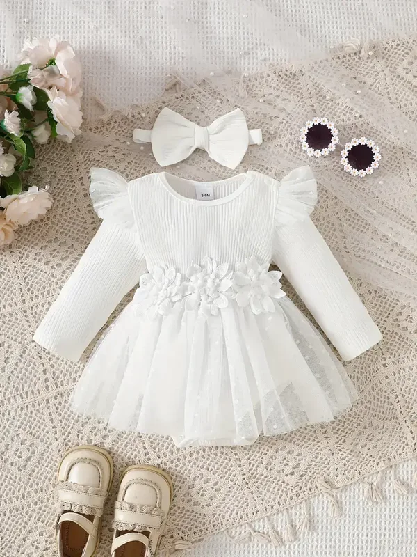 Romper met bloem & kant - wit