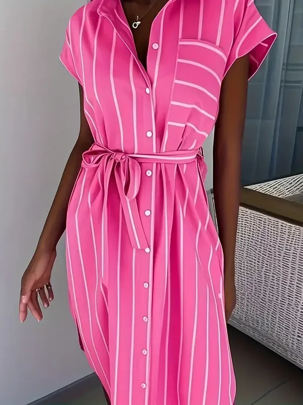 Chique Gestreepte Bandage Overhemdjurk - roze