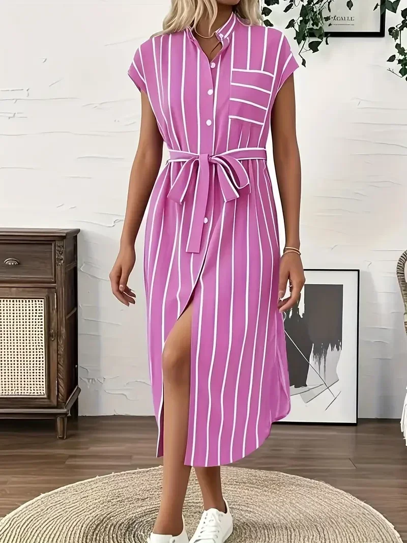 Chique Gestreepte Bandage Overhemdjurk - paars