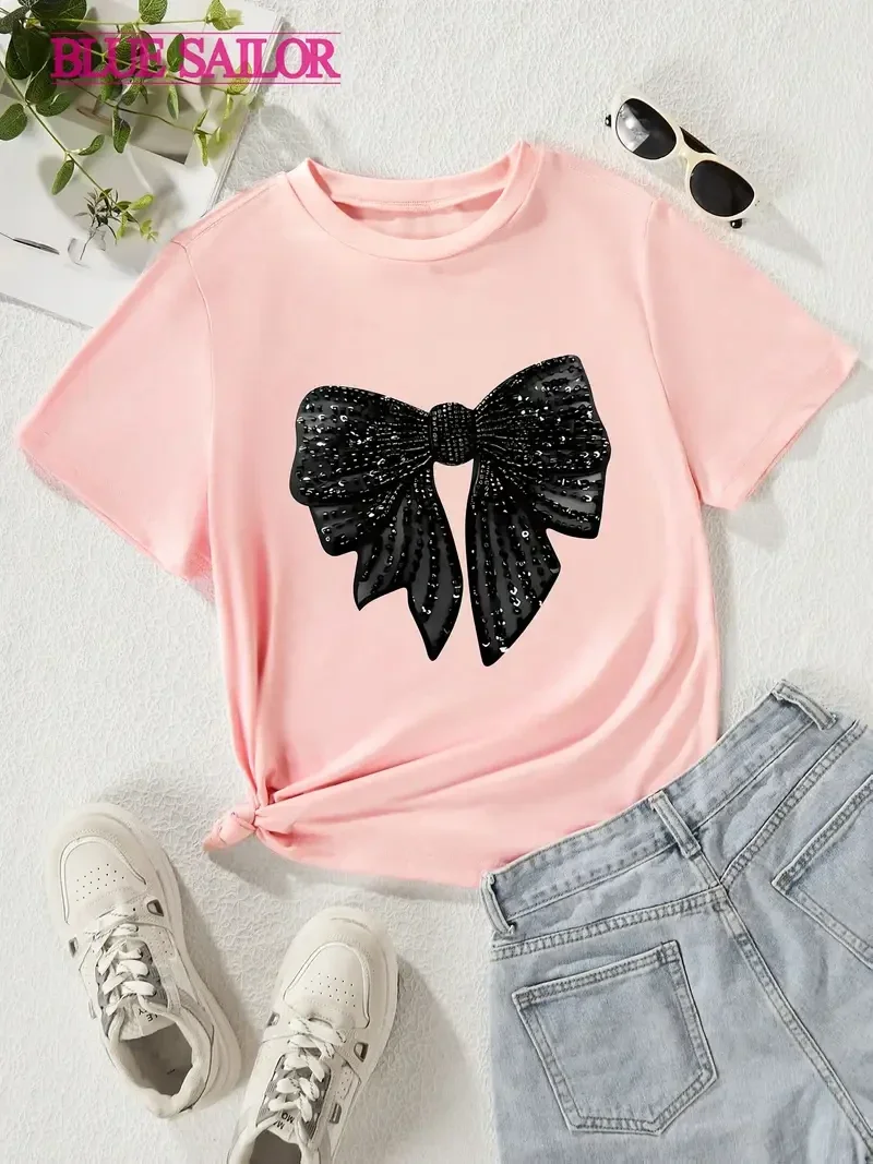 T-shirt met zwarte strik - lichtroze