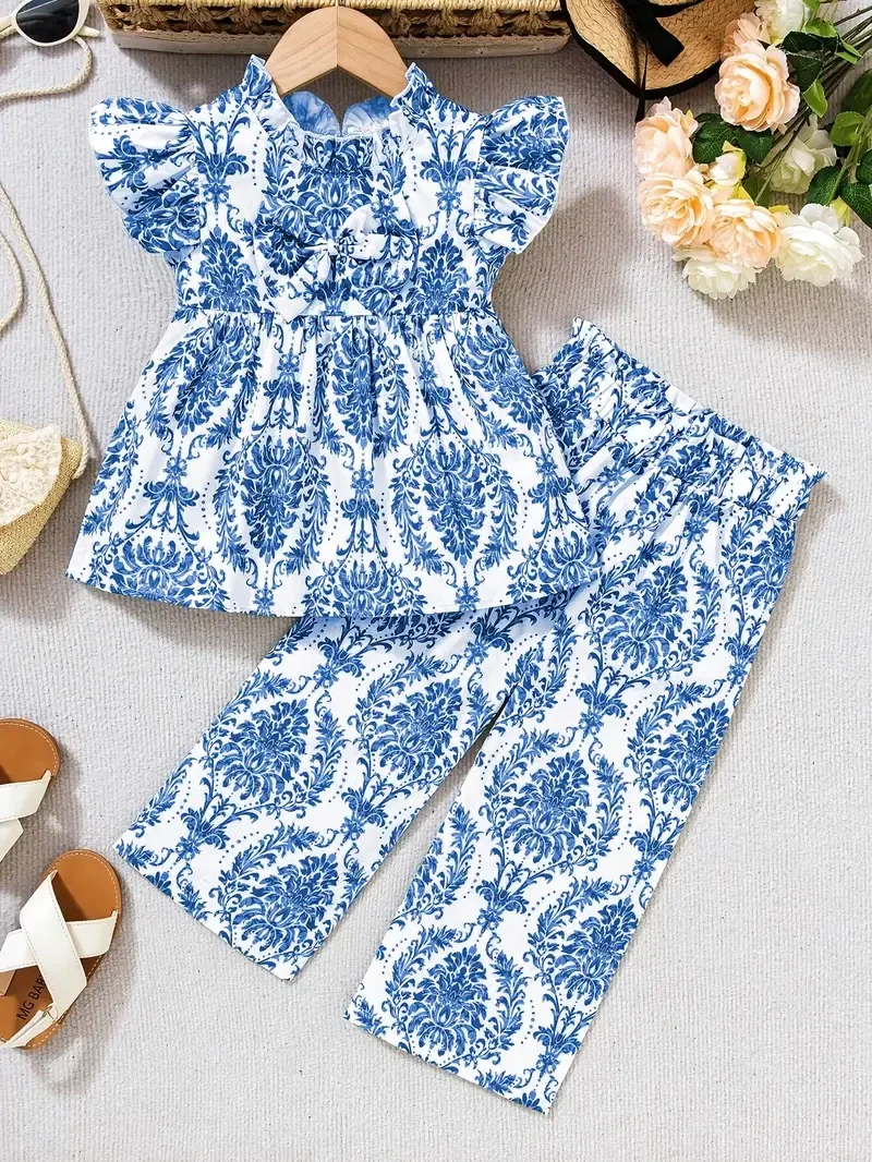 2-delig - chique bloemenprint - blauw