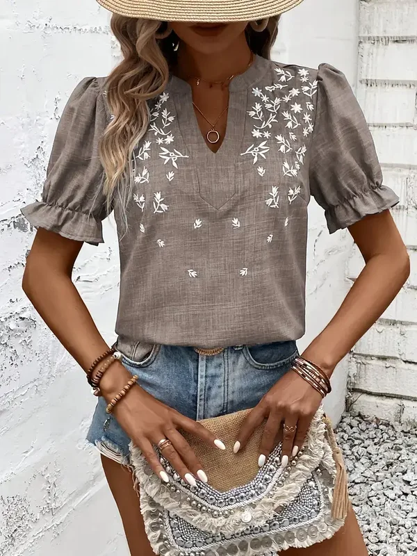 Elegante damesblouse met bloemenstiksel - khaki