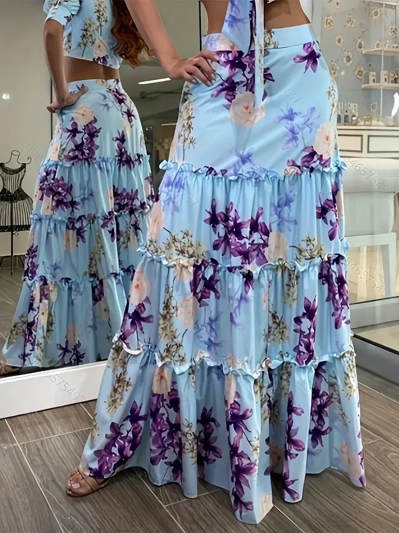 Rok met Bloemenprint en Geplooide Zoom - lichtblauw