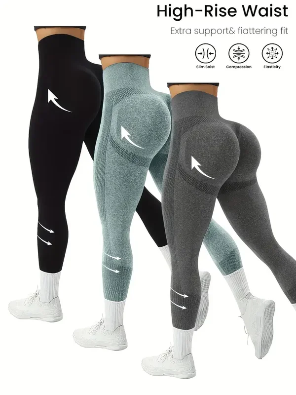 3-delig Hoge Taille Naadloze Yoga Leggings - zwart/groen/grijs