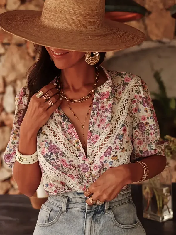 Blouse met Bloemenprint en Kantafwerking