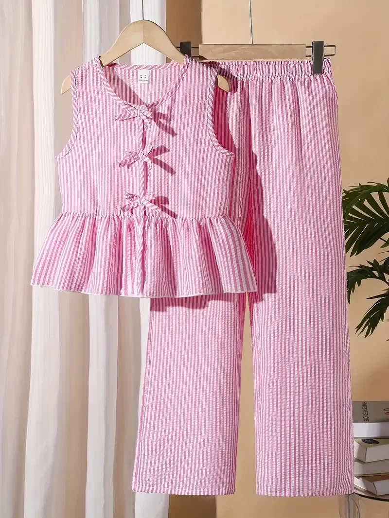 2-delige set gestreepte ruffle - roze