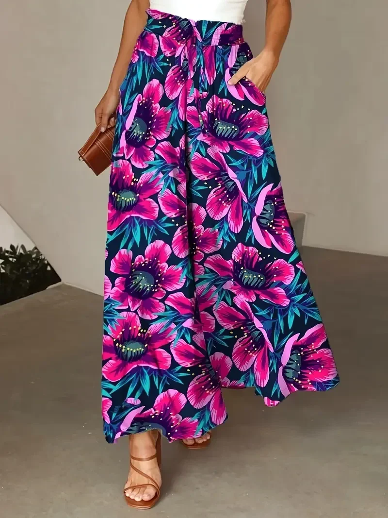 Wijde Broek met Tropische Bloemenprint - fuchsia