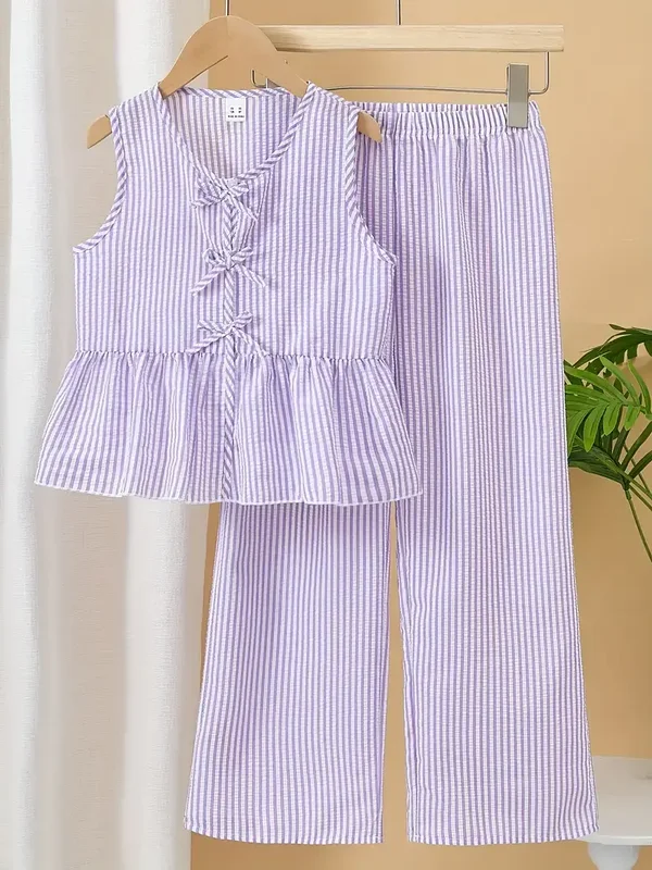 2-delige set gestreepte ruffle - paars