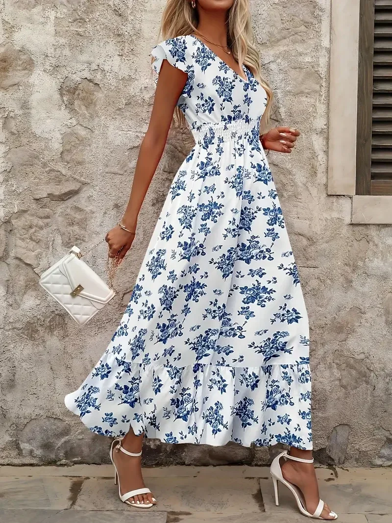 Bloemenprint V-hals Maxi jurk - blauw