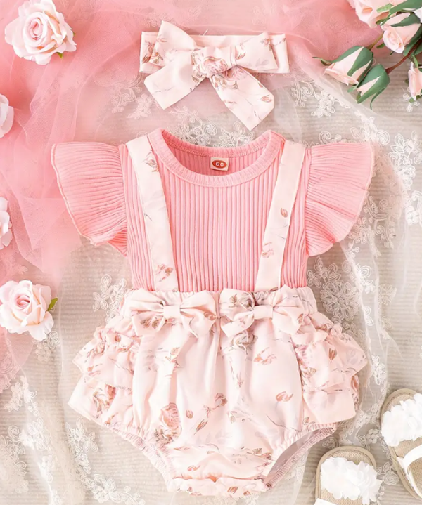 Romperset bloemen - roze