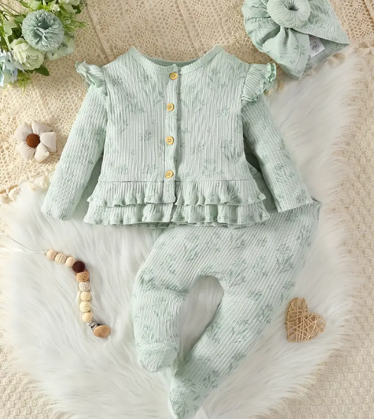 3-delige set - Bloemenprint groen