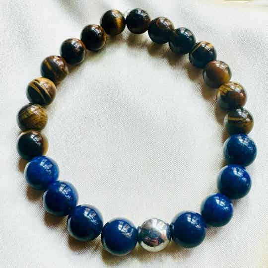 PULSERA DE OJO DE TIGRE CON LAPISLÁZULI Y HEMATITA